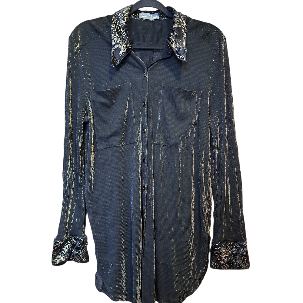 Vera Mont Black Sheer Blouse with Gold Lurex – Made in Germany – Size 36
